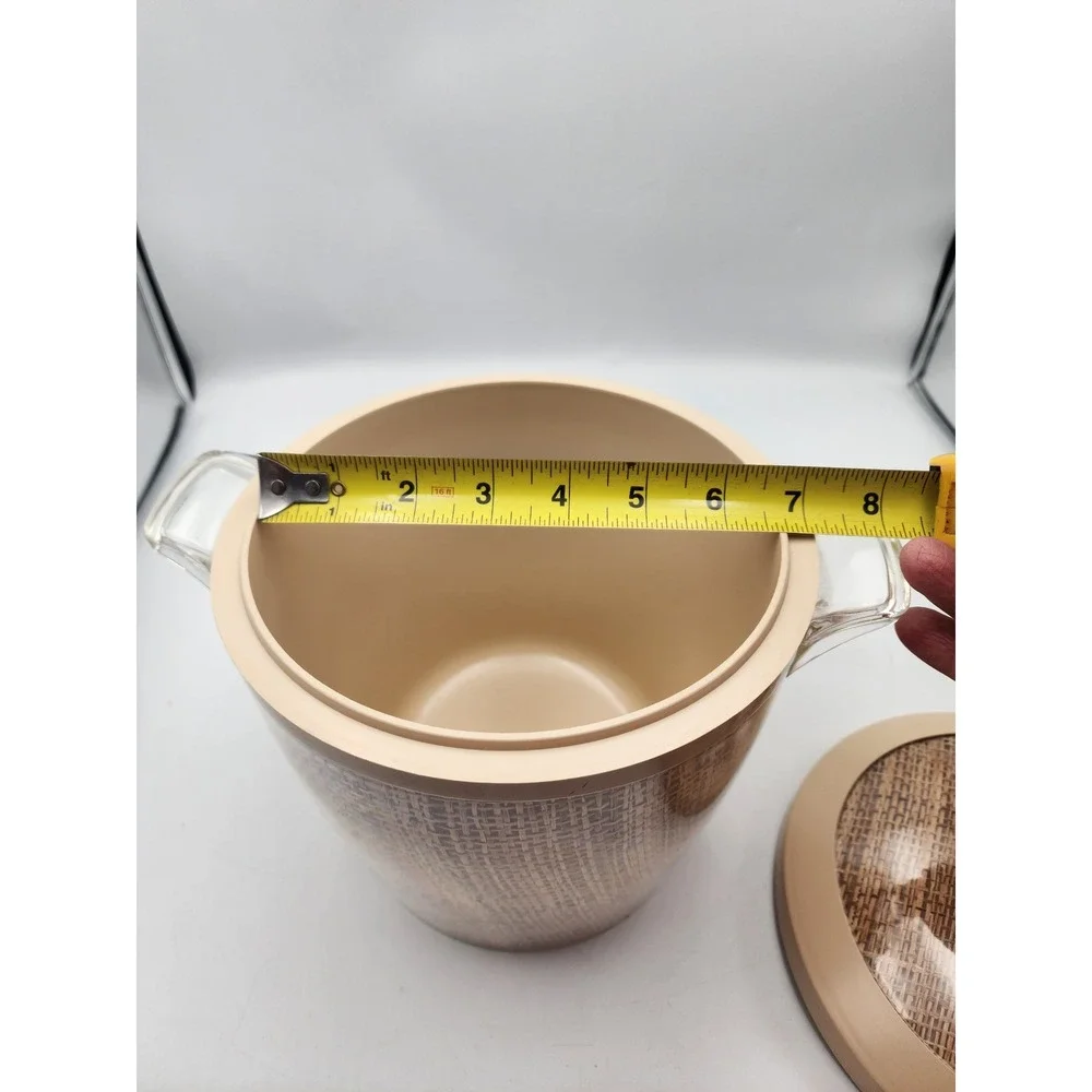 Vintage Mid Century Modern Insulated Ice Bucket Burlap Woven‎ Texture Tan Lid